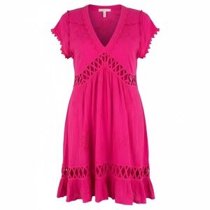 Free‎ People Hot Pink Embroidered Boho Dress Lattice Cutout Ruffle Hem Size L